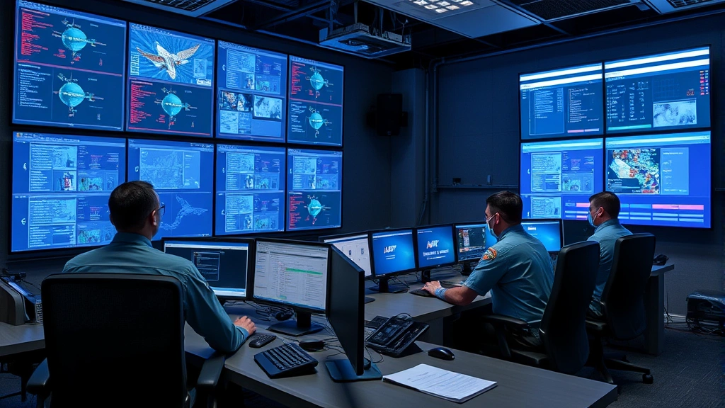Air Force installation command center with security professionals conducting threat hunting operations and incident response coordination