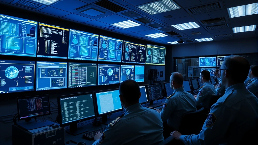 Military operations center with multiple glowing screens displaying network monitoring dashboards, personnel in uniform reviewing data, secure facility with blue-tinted lighting, no visible text or code on screens