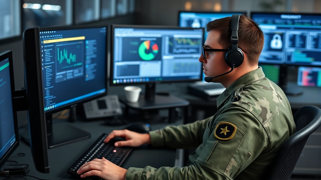 Professional military cybersecurity analyst at modern workstation with multiple monitors displaying network security dashboards, secure facility environment, focused tactical posture, professional military bearing