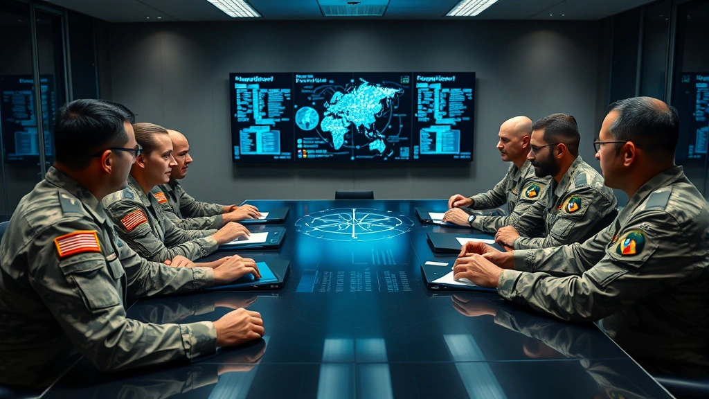 Military personnel in uniform discussing cyber operations strategy around conference table with network topology displays visible, leadership environment, serious professional atmosphere, collaborative setting