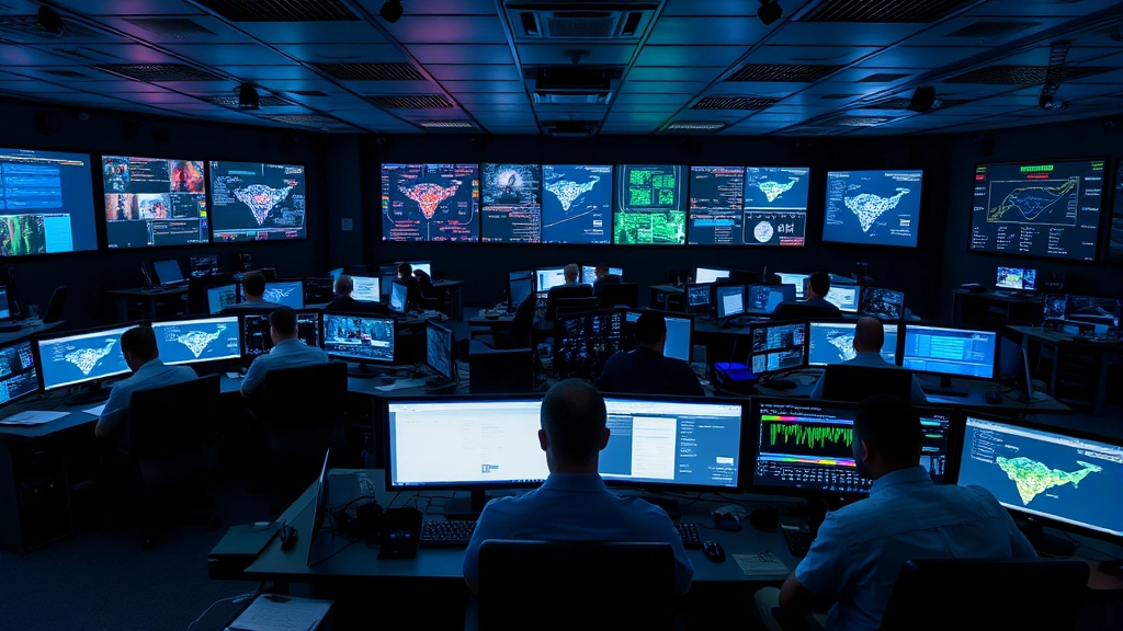 Air Force cyber operations center with multiple personnel monitoring security systems, illuminated displays showing threat intelligence, organized command center environment, high-tech security infrastructure