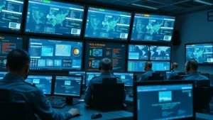 Photorealistic image of a military command center with multiple monitors displaying network security dashboards, cybersecurity analysts monitoring systems, blue team engaged in active threat detection, professional military environment with controlled lighting and modern technology