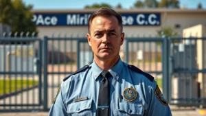 Professional security officer in uniform with security badge visible on chest, standing in front of air force base entrance with fence and gate security systems, serious expression, daytime lighting, photorealistic