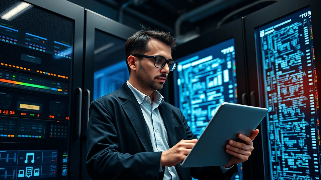 Photorealistic photograph of cybersecurity professional in secure facility reviewing encrypted data systems, biometric access controls visible, secure server room environment with proper infrastructure, focused on data protection and security monitoring
