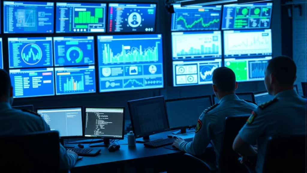 Cybersecurity control center with multiple monitors displaying network security dashboards, security personnel monitoring systems, blue and green data visualizations, professional military setting, no visible code or text