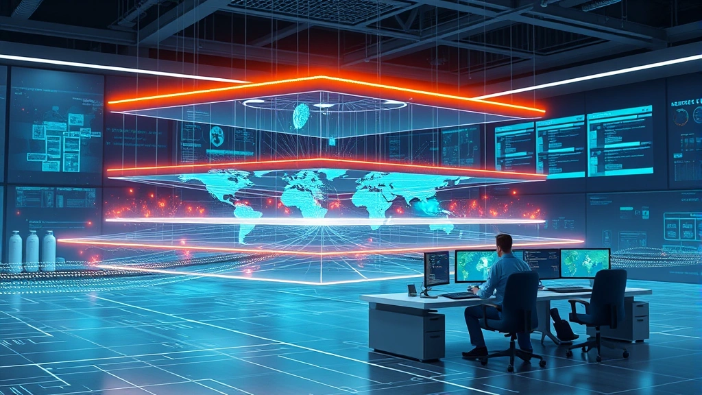 Photorealistic image of multi-layered security concept visualization showing network protection barriers, digital defense systems in action, cybersecurity specialists coordinating incident response, modern security operations center with advanced monitoring capabilities