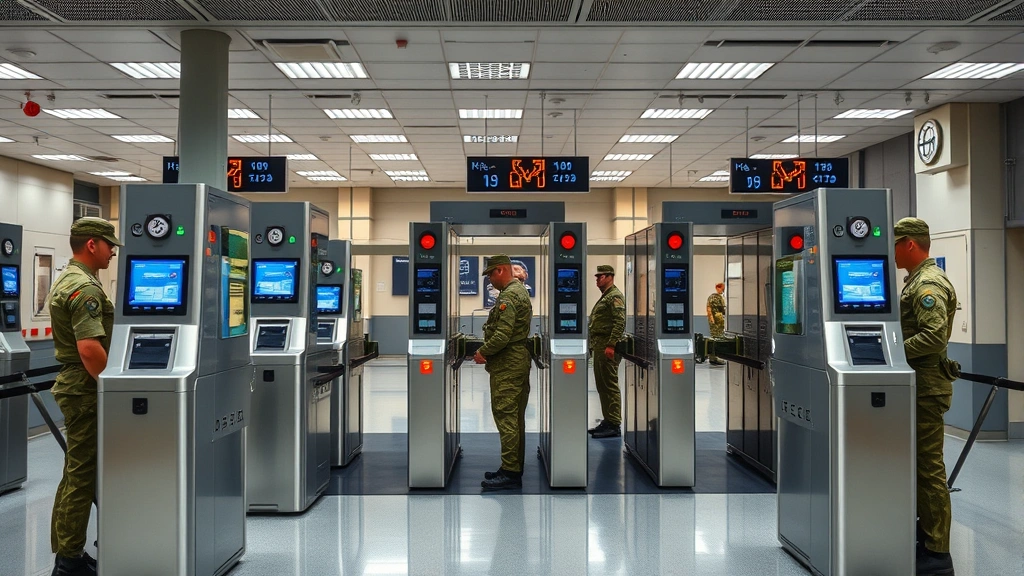 Security checkpoint at military installation showing access control technology, biometric scanners, security personnel in uniform, modern facility with professional lighting, photorealistic professional environment