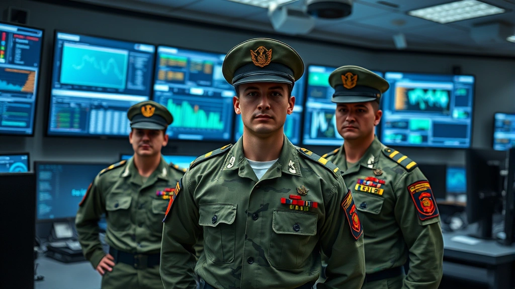 Military personnel in uniform standing in a secure operations center with multiple monitors displaying network security dashboards and threat intelligence, serious professional atmosphere