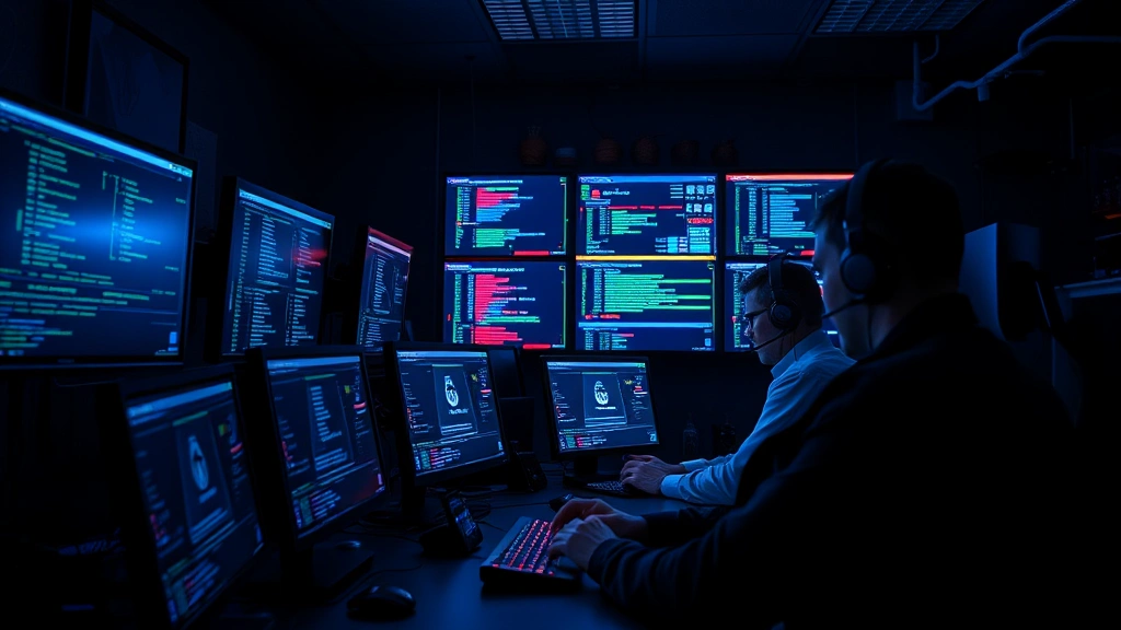 Cybersecurity team wearing headsets at workstations in a dimly lit security operations center, multiple screens showing real-time network monitoring and threat detection systems