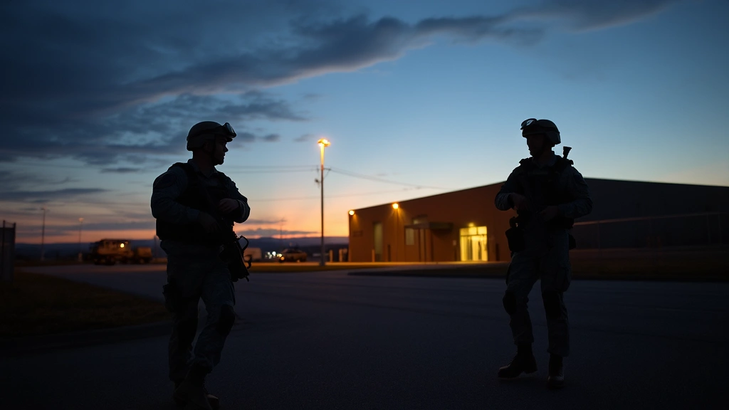 Air Force security forces personnel in tactical gear conducting a security perimeter check around a military installation's critical infrastructure facility at dusk