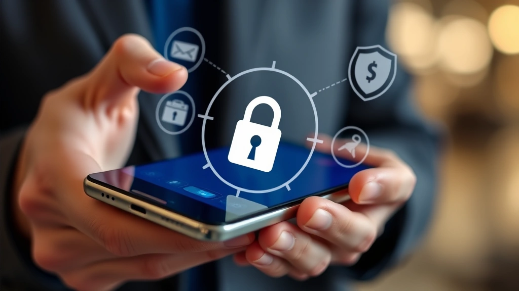 Person holding smartphone with padlock and security shield icons, protecting financial data during online travel booking transaction