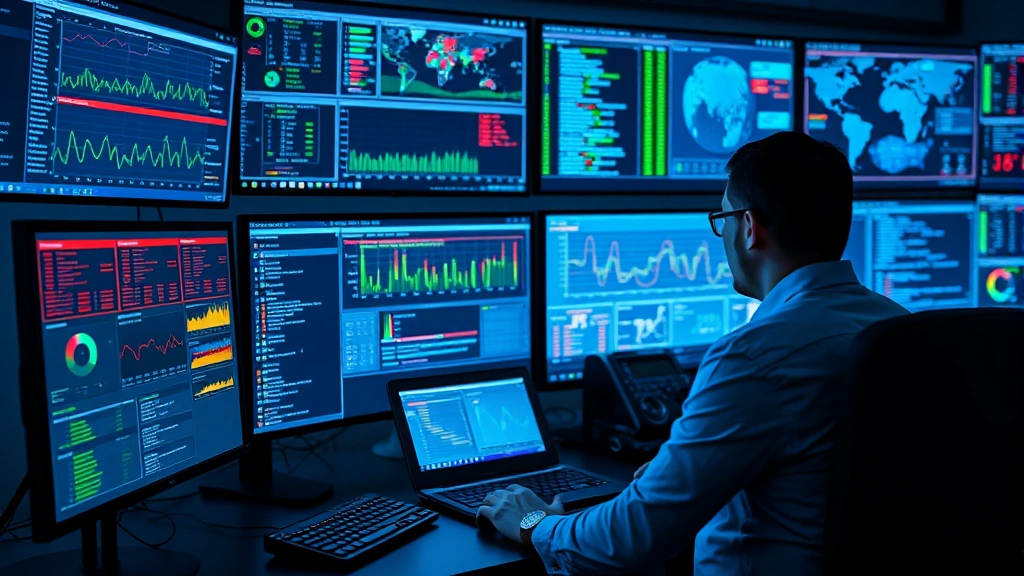 Cybersecurity professional monitoring network traffic and threats on multiple screens in modern security operations center with data visualizations