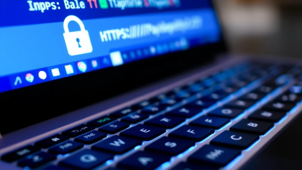 Close-up of laptop keyboard with glowing padlock symbol and encryption indicators, representing secure HTTPS connection during online payment processing