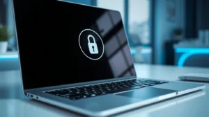 Close-up of a modern Chromebook laptop displaying a secure lock icon on its screen, sleek silver design, sitting on a clean desk with soft blue lighting in background, photorealistic professional setting