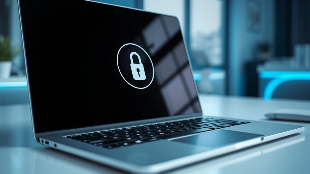 Close-up of a modern Chromebook laptop displaying a secure lock icon on its screen, sleek silver design, sitting on a clean desk with soft blue lighting in background, photorealistic professional setting