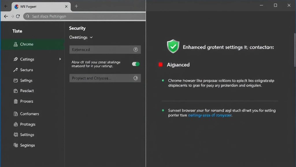 Split-screen showing Chrome security settings menu on one side and a green checkmark with shield icon on other side, representing enhanced browser protection and configuration options, clean minimalist design