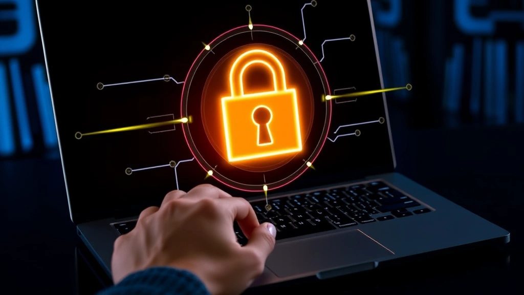 Person's hands typing on a Chromebook keyboard with a glowing padlock and security shield visualization floating above the screen, representing secure browsing and data protection, dark background with blue accents