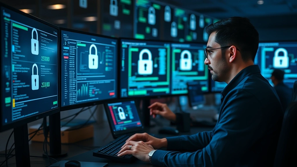 Professional cybersecurity analyst reviewing encrypted payment data on multiple monitors in a secure operations center, with lock icons and digital security visualizations in background, photorealistic lighting, no text or code visible