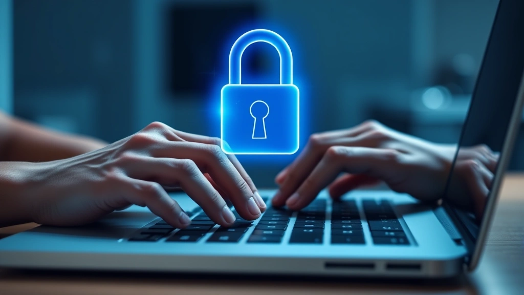 Close-up of hands typing on a laptop keyboard with a padlock hologram floating above the screen, representing secure online transaction, soft blue lighting, modern workspace environment, no interface elements or text