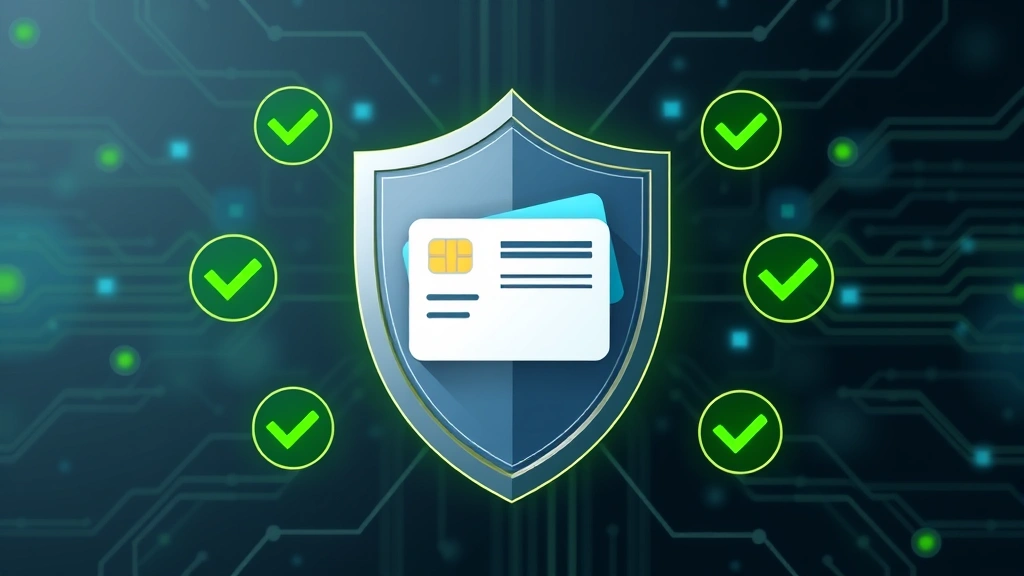 Digital illustration of a shield protecting a credit card and personal information icons, with green checkmarks indicating security verification, abstract cyber protection concept, no terminal windows or alerts