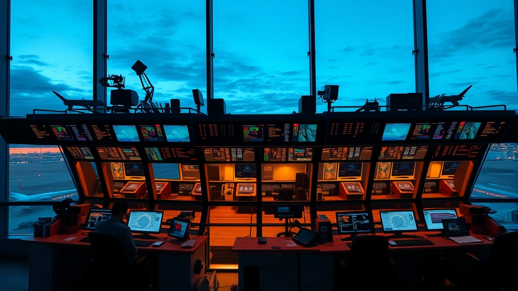 Photorealistic image of a modern airport control tower at dusk with illuminated windows, showing sophisticated technological infrastructure and security systems, no visible text or code on screens