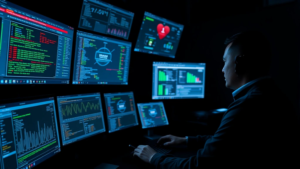 Cybersecurity professional monitoring multiple digital displays showing network activity and security metrics in a darkened operations center, professional equipment and serious focus, no visible code or terminal windows