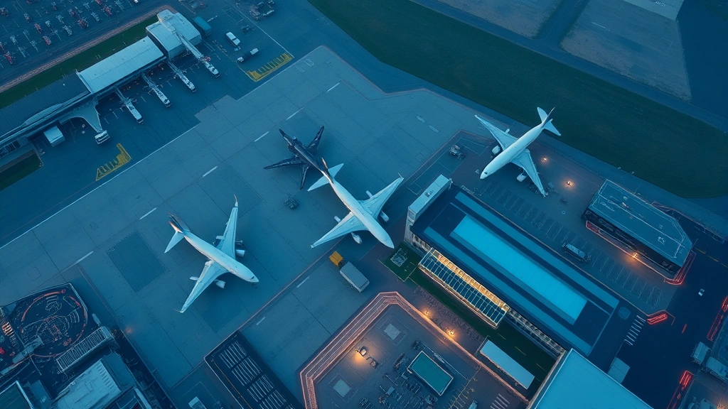 Aerial view of a major international airport with aircraft on tarmac, runways, and terminal buildings, representing critical infrastructure requiring advanced cyber protection systems