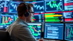 Professional cybersecurity analyst reviewing multiple security monitoring screens displaying network traffic patterns and threat detection alerts in a modern operations center