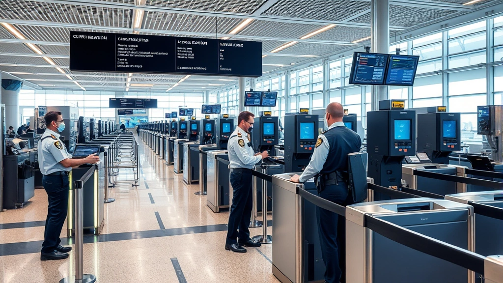 Modern airport security checkpoint with TSA officers using advanced screening technology and biometric systems, showing contemporary security infrastructure