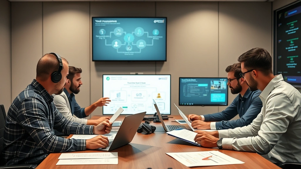 Team of cybersecurity professionals in conference room collaborating on threat assessment documents and security architecture diagrams