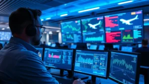 Cybersecurity analyst monitoring multiple screens displaying network traffic, threat detection dashboards, and security alerts in a modern airport operations center with blue lighting