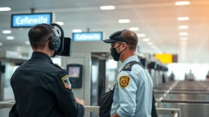 Security checkpoint with officers screening passengers using advanced millimeter-wave scanning technology, professional security personnel in uniform monitoring operations, modern airport terminal background with controlled lighting