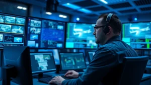 Professional cybersecurity analyst monitoring airport security systems on multiple screens in a modern control center with blue ambient lighting and network visualization displays, serious focused expression