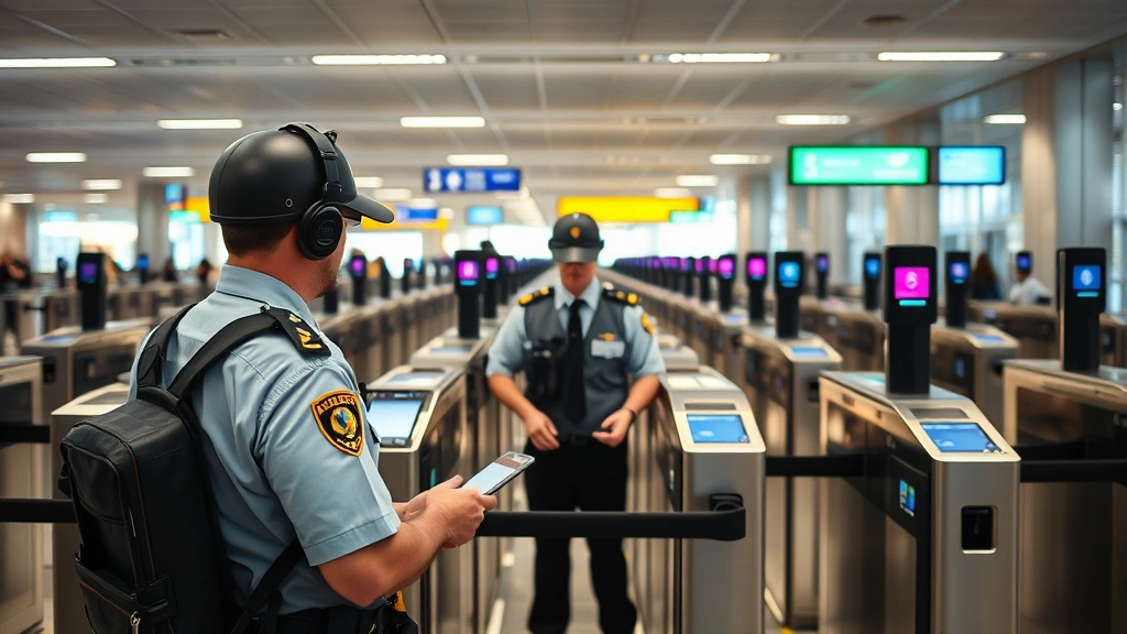Airport security personnel in uniform conducting access control checkpoint with biometric scanners and security gates, representing physical security infrastructure