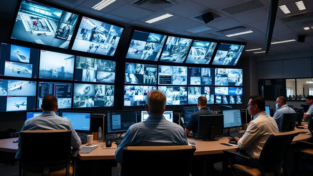 Airport control room with security personnel monitoring multiple surveillance screens and security system displays, focused staff reviewing real-time security feeds and threat alerts, professional security operations center environment