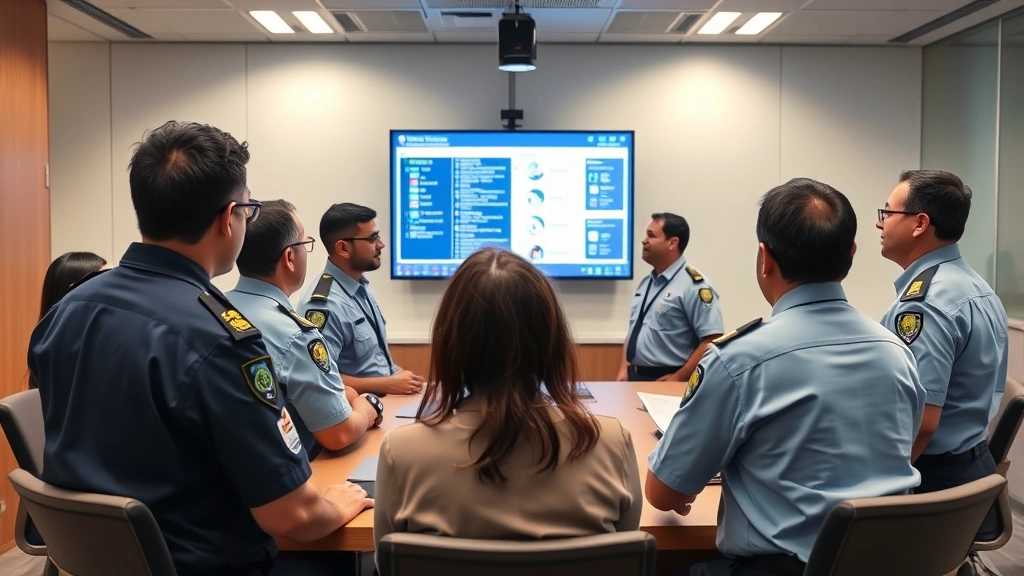 Airport security personnel conducting security briefing in conference room, diverse team reviewing digital security protocols on presentation screen, professional environment with security badges visible