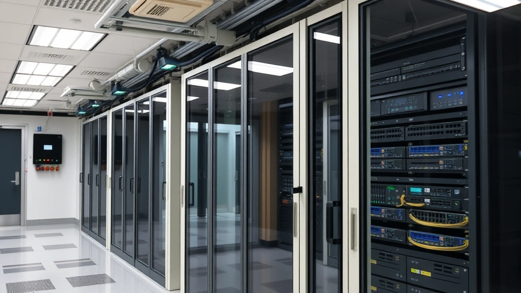 Data center server room with security cameras, backup power systems, and network equipment racks protected behind locked glass enclosure in airport facility