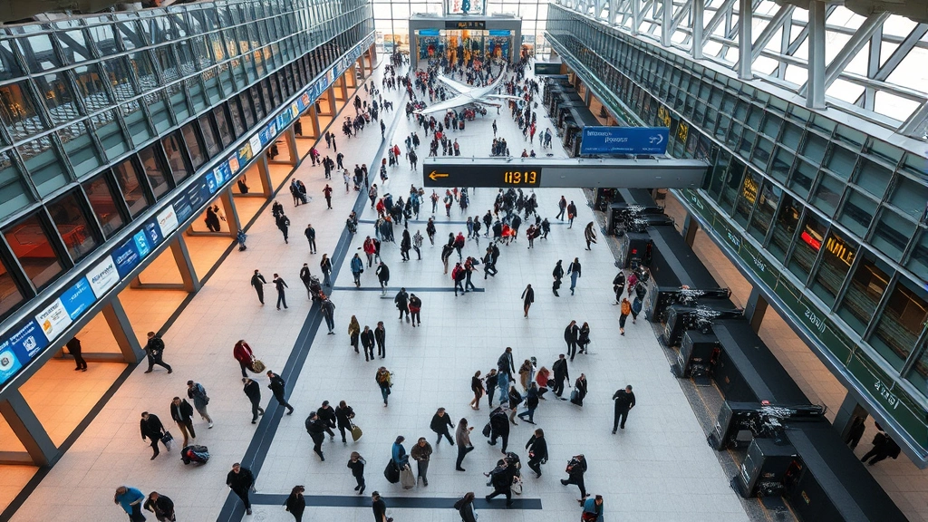 Overhead view of busy airport terminal with passengers moving through security checkpoint, modern architecture with glass and steel, showing scale and complexity of airport operations requiring protection
