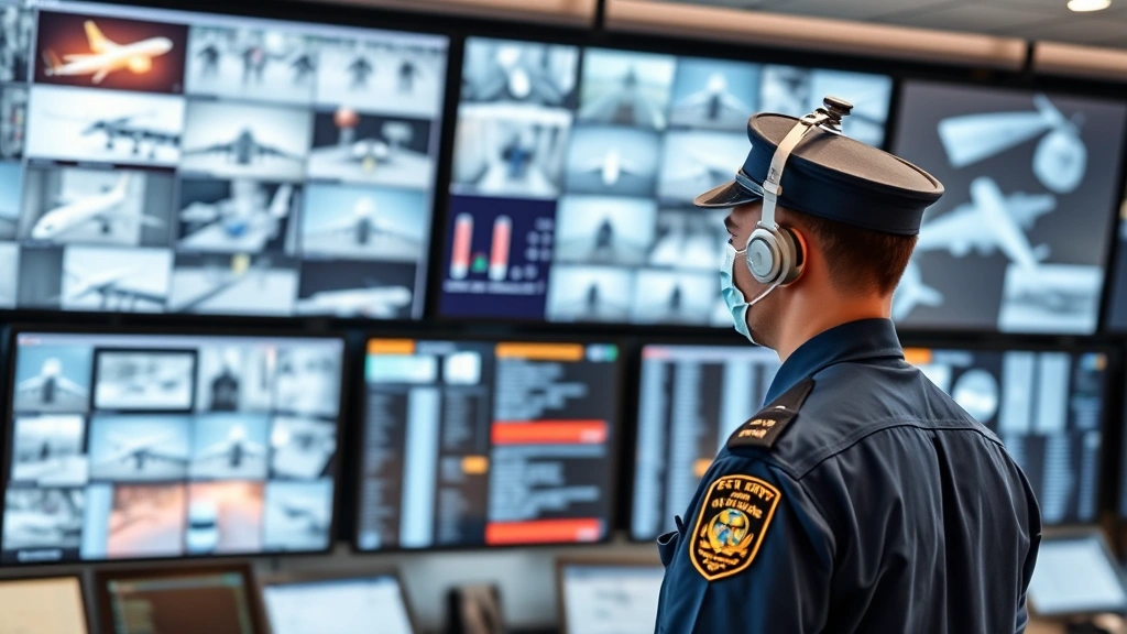 Professional airport security officer in uniform monitoring multiple digital security screens displaying real-time surveillance feeds and access control systems in a modern airport operations center, photorealistic, daytime lighting, professional environment