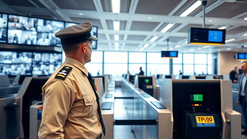 Airport security checkpoint with modern digital access control systems, uniformed guard monitoring multiple security screens displaying real-time surveillance feeds, advanced biometric scanners visible, professional security operations center environment