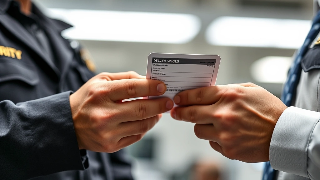 Close-up of security personnel's hands examining a badge or credential document carefully, checking authenticity features and comparing against identification, bright professional lighting, detailed focus on verification process