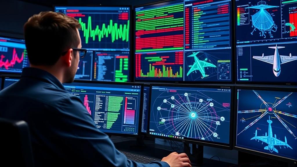 Cybersecurity professional analyzing threat patterns on multiple displays in a security operations center, color-coded threat intelligence dashboards, network diagrams showing airport infrastructure connections, focused expert monitoring system security