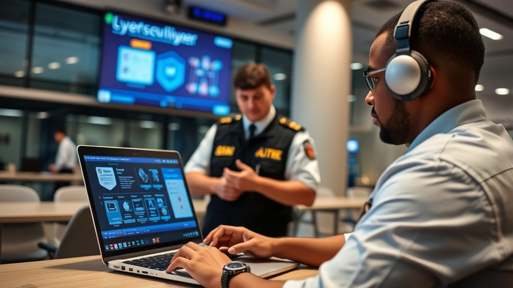Airport security guard receiving cybersecurity training on laptop, classroom setting with security awareness materials visible, focus on professional development, modern training environment with cybersecurity presentation materials displayed