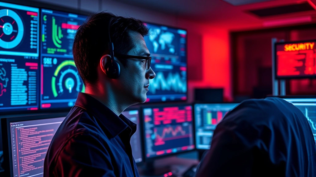Security professional monitoring multiple digital screens displaying network traffic visualization and threat alerts in modern SOC environment, dramatic blue and red lighting, focused expression