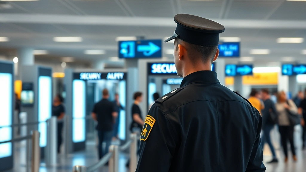 Professional security officer in dark uniform monitoring airport terminal checkpoint with modern X-ray screening equipment and passengers in background, photorealistic professional environment