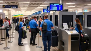 Airport security checkpoint with TSA officers screening passengers at modern terminal, professional security personnel in blue uniforms operating X-ray machines, busy but organized checkpoint environment with travelers, realistic airport security operations