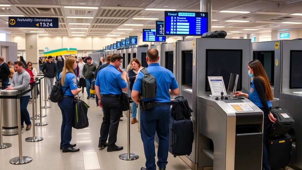 Airport security checkpoint with TSA officers screening passengers at modern terminal, professional security personnel in blue uniforms operating X-ray machines, busy but organized checkpoint environment with travelers, realistic airport security operations