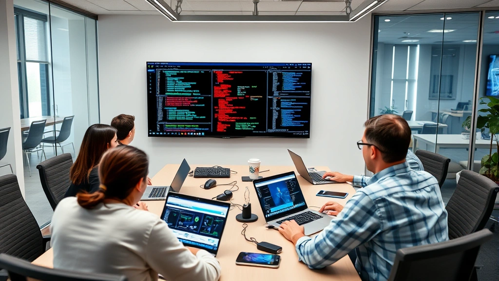 Cybersecurity team conducting incident response meeting around conference table with laptops and security dashboards visible, professional office setting, collaborative atmosphere
