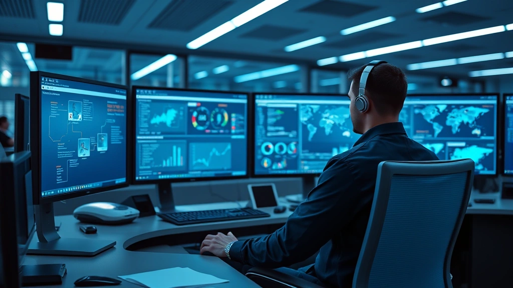 Cybersecurity analyst at modern workstation with multiple monitors displaying security dashboards and network maps in airport operations center, realistic technical setting with blue interface lighting