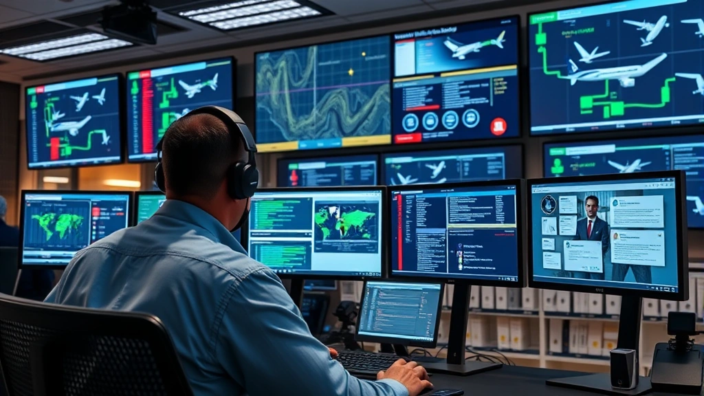 Cybersecurity analyst monitoring multiple computer screens displaying network traffic and security dashboards in airport operations center, professional IT security environment with multiple monitors, threat detection systems, real-time security monitoring setup